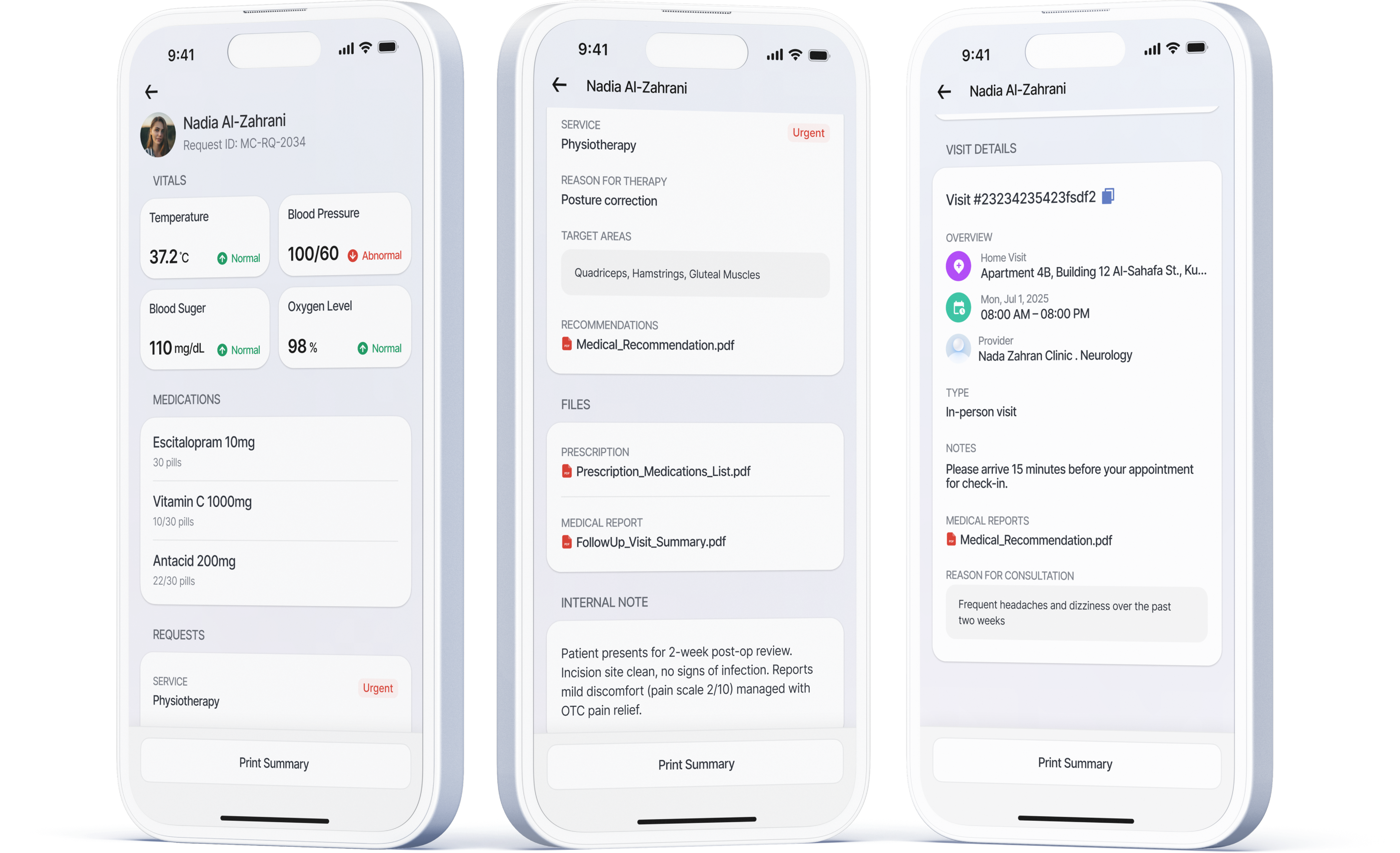 Mu’een doctor console showing patient summary, vitals, and visit details.