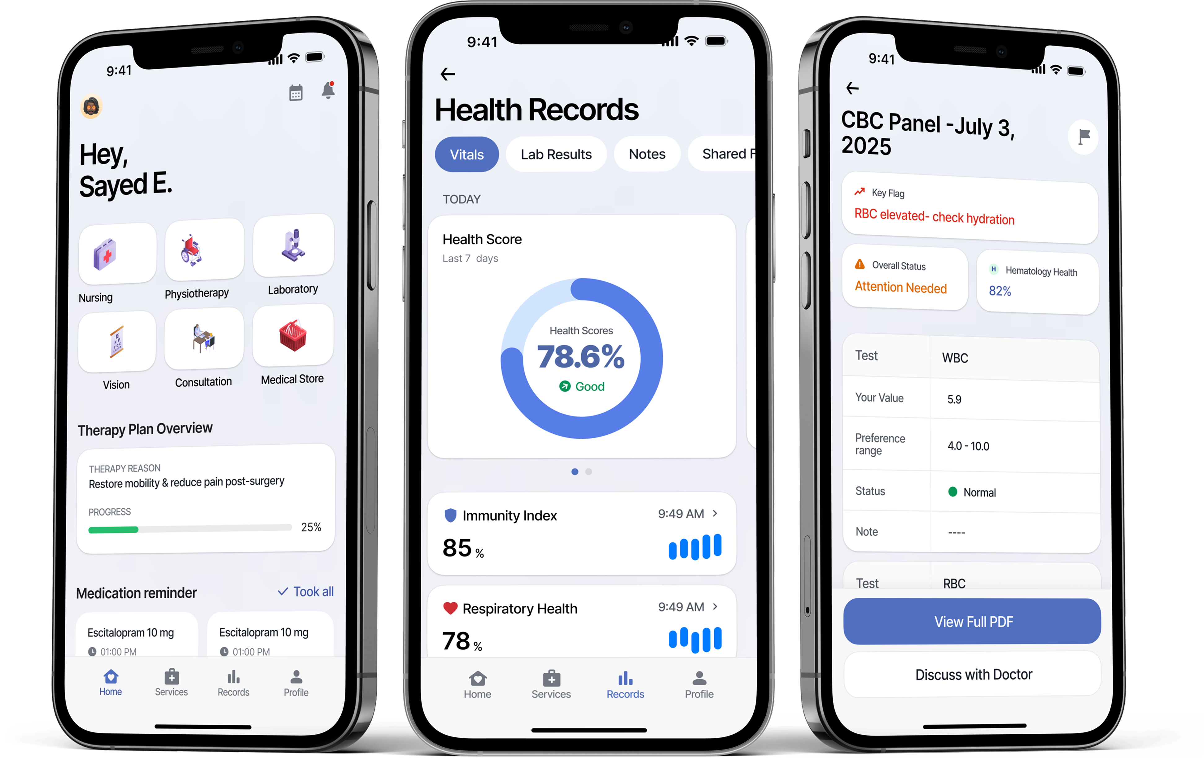 Mu’een health records view with vitals, lab results, and notes.