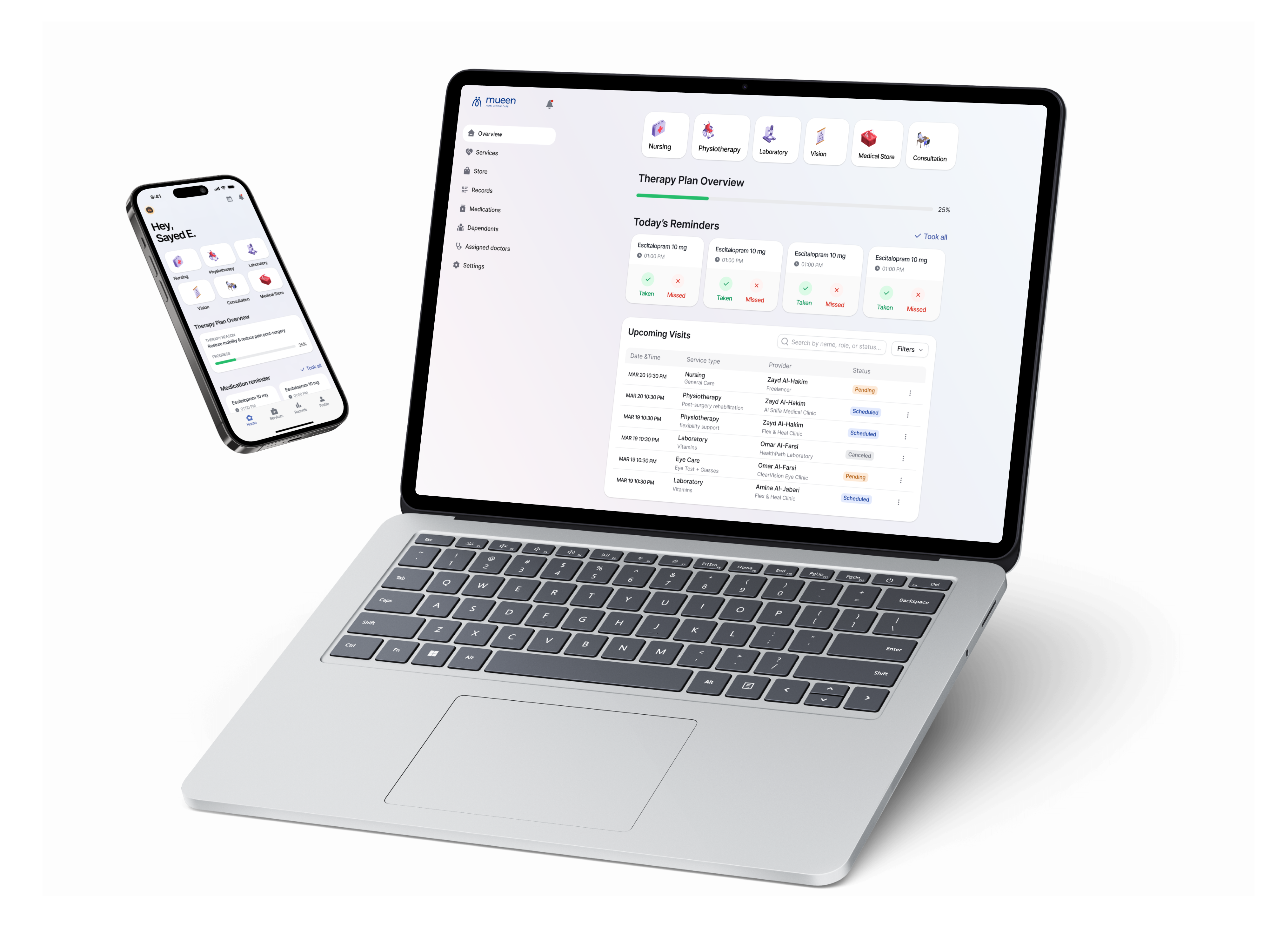 Mu’een web dashboard on laptop with the mobile app, showing coordinated home-care planning.